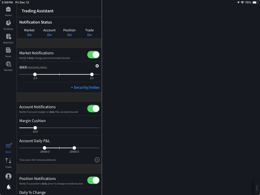 The trading assistant settings on the iPad